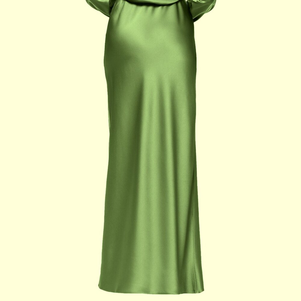 Xscape Olive Green Collar Long Sleeve Satin Gown Dress - Picture 6 of 6